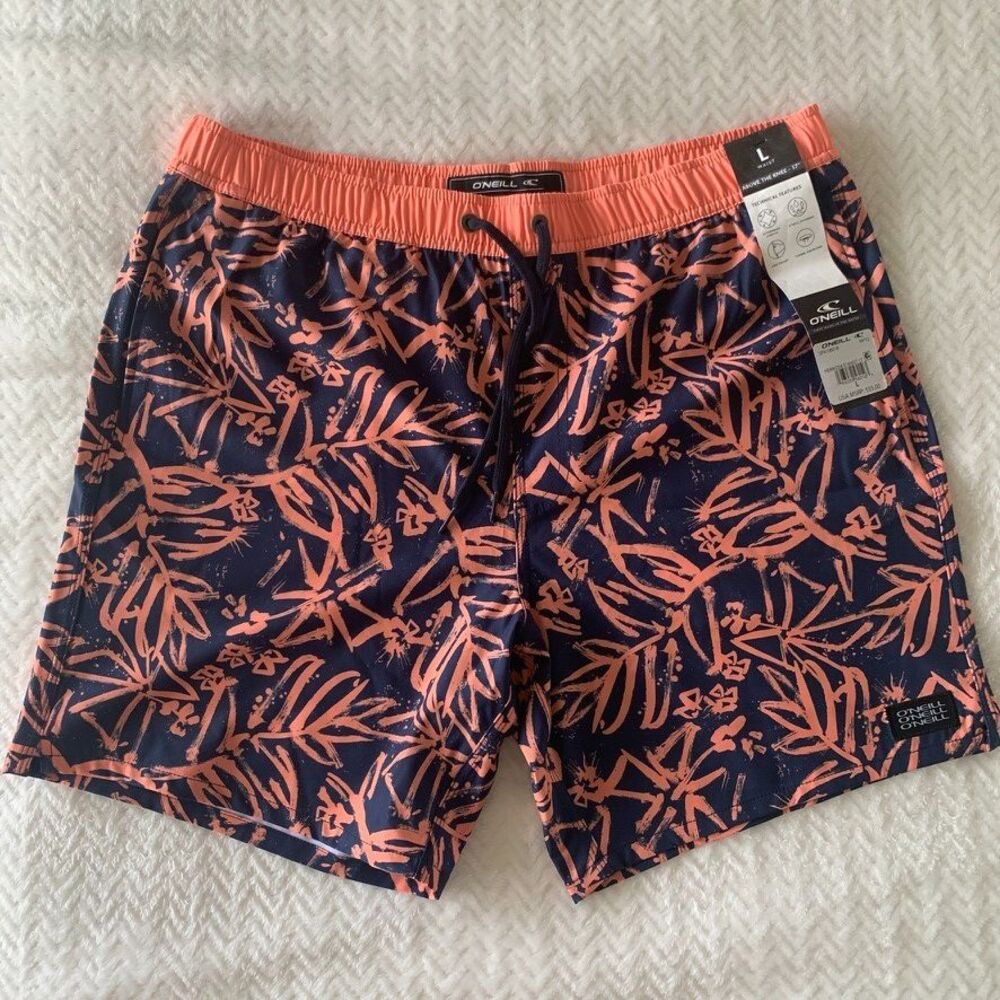 O'Neill Men's Hermosa Swim Trunks Size L Navy Orange Leaf Print Waist 17"